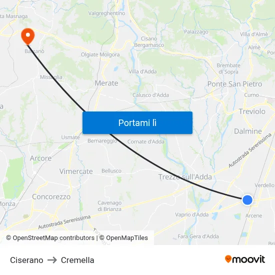 Ciserano to Cremella map