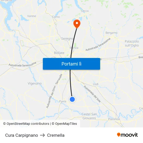 Cura Carpignano to Cremella map