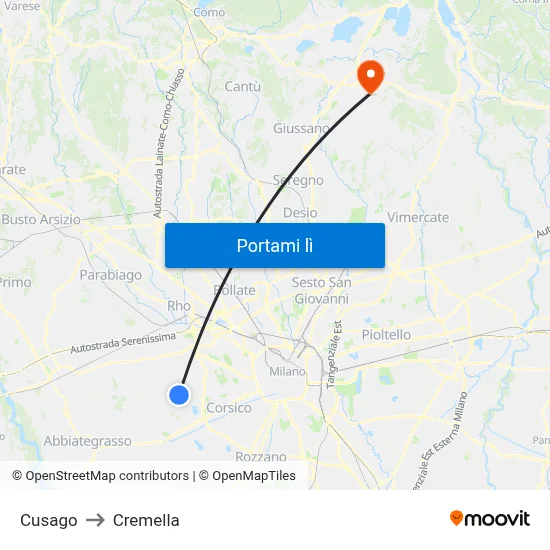 Cusago to Cremella map