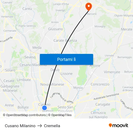Cusano Milanino to Cremella map