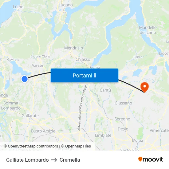 Galliate Lombardo to Cremella map