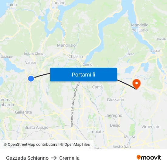 Gazzada Schianno to Cremella map