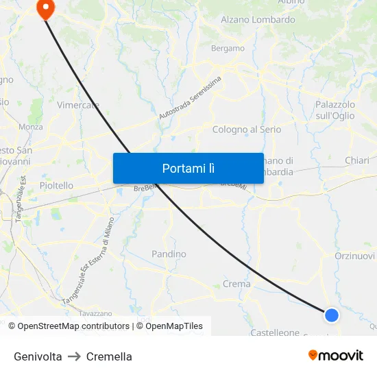 Genivolta to Cremella map