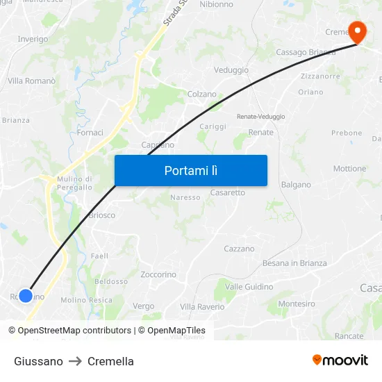 Giussano to Cremella map