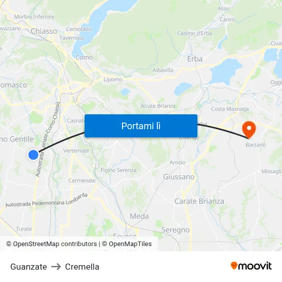 Guanzate to Cremella map