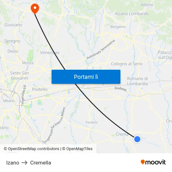 Izano to Cremella map
