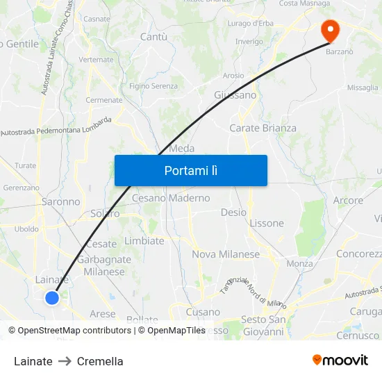 Lainate to Cremella map