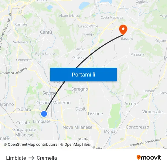 Limbiate to Cremella map