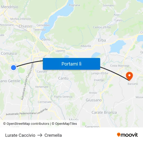 Lurate Caccivio to Cremella map
