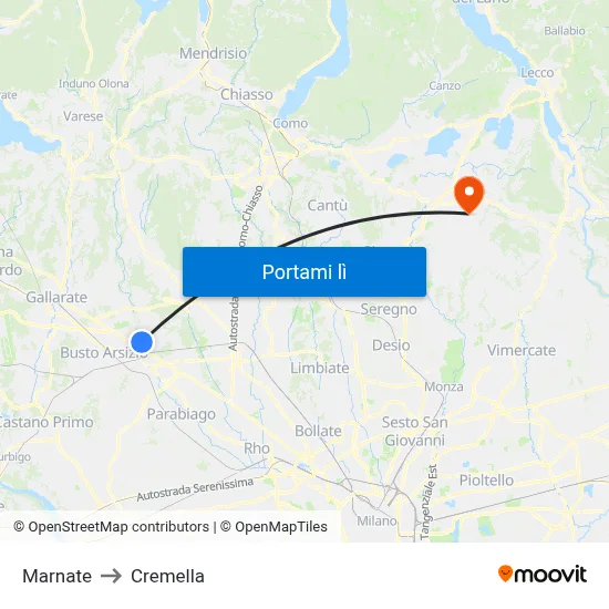 Marnate to Cremella map