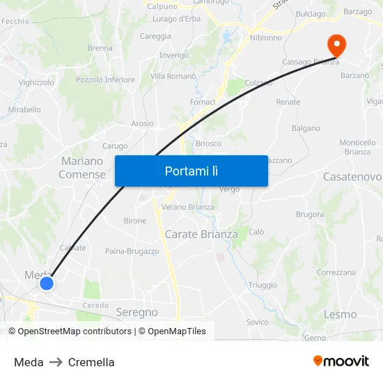 Meda to Cremella map
