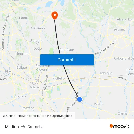 Merlino to Cremella map