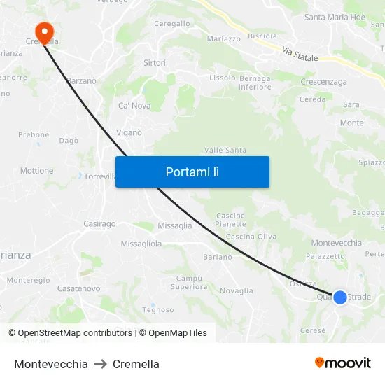 Montevecchia to Cremella map