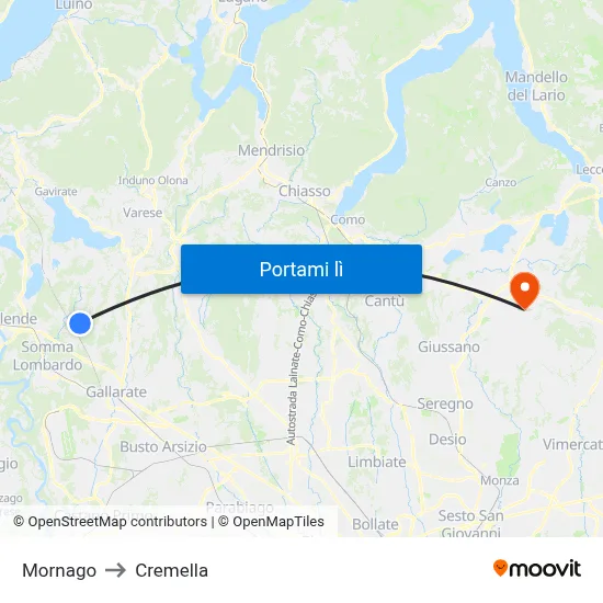 Mornago to Cremella map