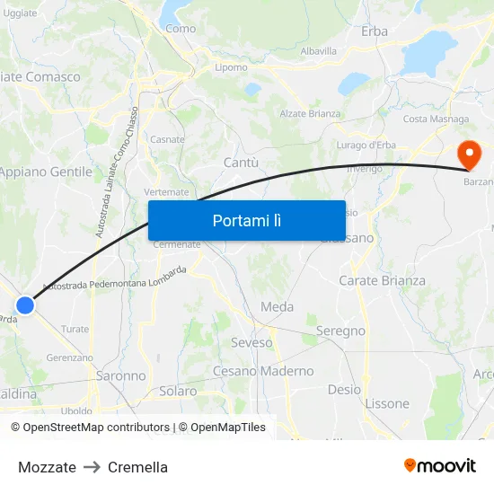Mozzate to Cremella map