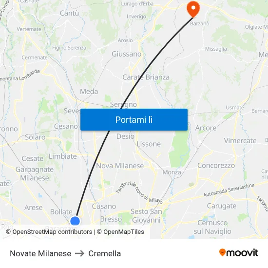 Novate Milanese to Cremella map