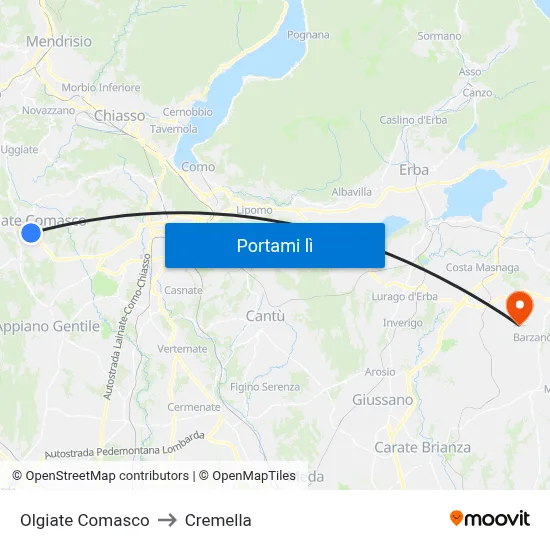 Olgiate Comasco to Cremella map