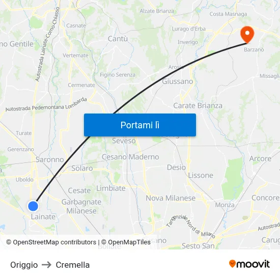 Origgio to Cremella map