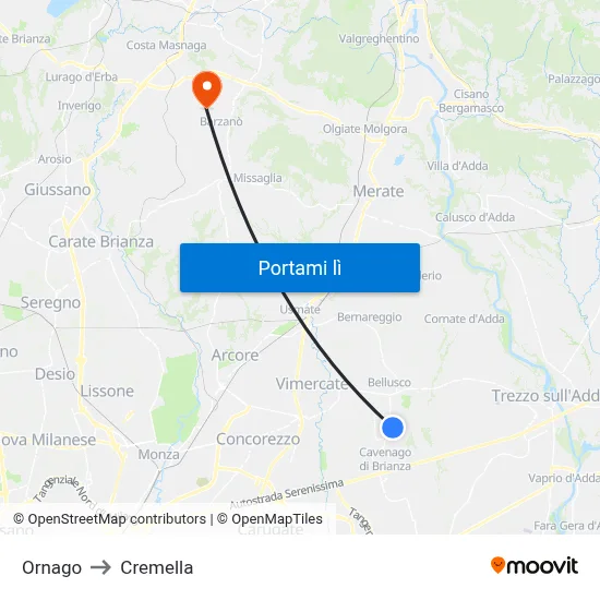 Ornago to Cremella map