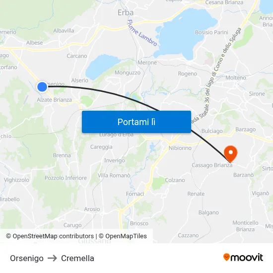 Orsenigo to Cremella map
