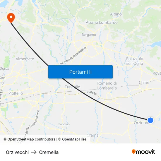Orzivecchi to Cremella map