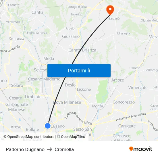 Paderno Dugnano to Cremella map