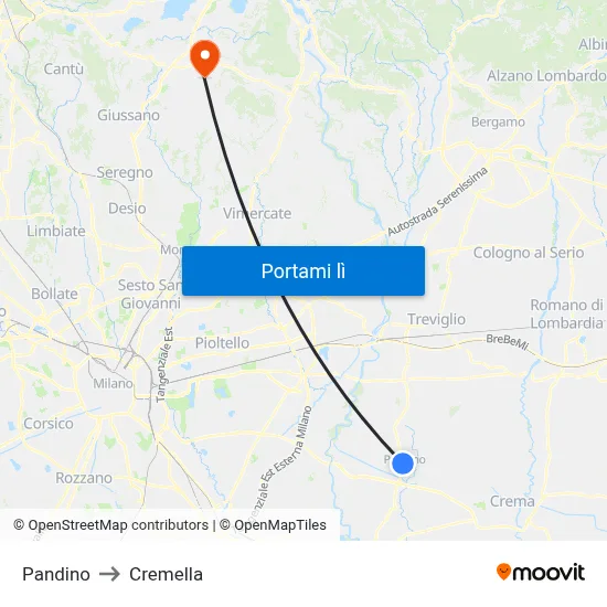Pandino to Cremella map