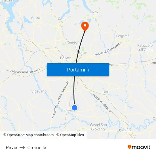 Pavia to Cremella map