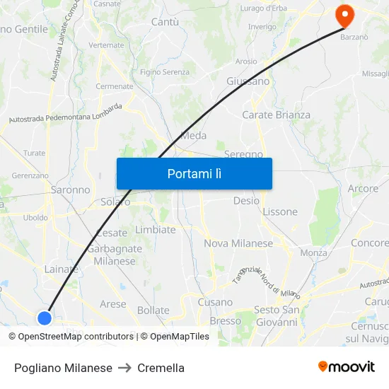 Pogliano Milanese to Cremella map