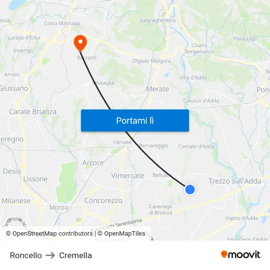 Roncello to Cremella map