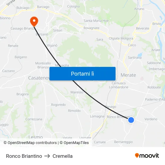Ronco Briantino to Cremella map