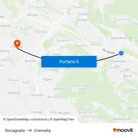 Rovagnate to Cremella map