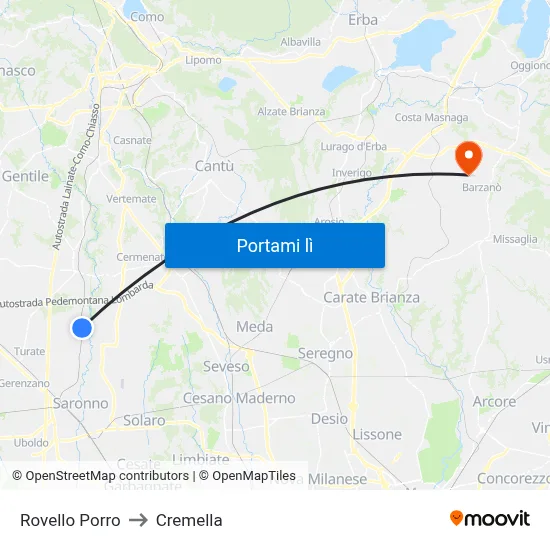 Rovello Porro to Cremella map