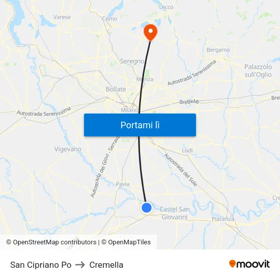 San Cipriano Po to Cremella map