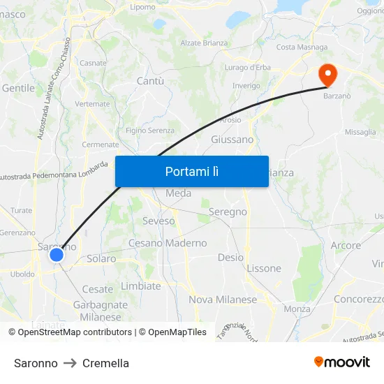 Saronno to Cremella map