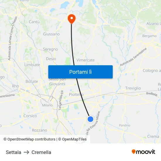 Settala to Cremella map
