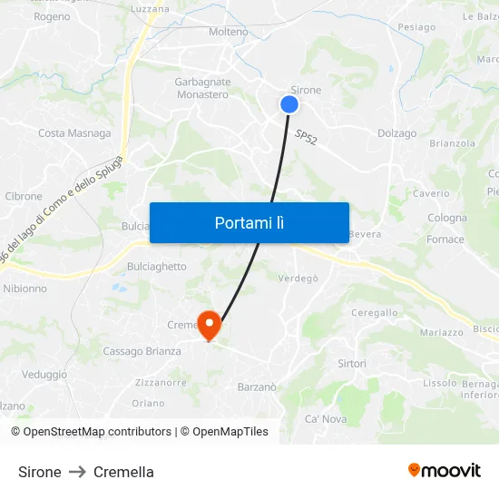 Sirone to Cremella map