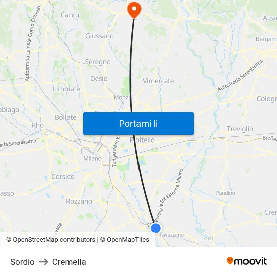Sordio to Cremella map