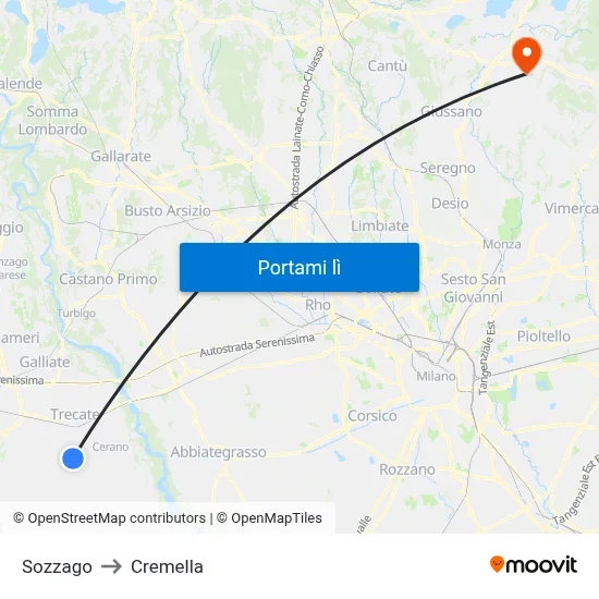 Sozzago to Cremella map