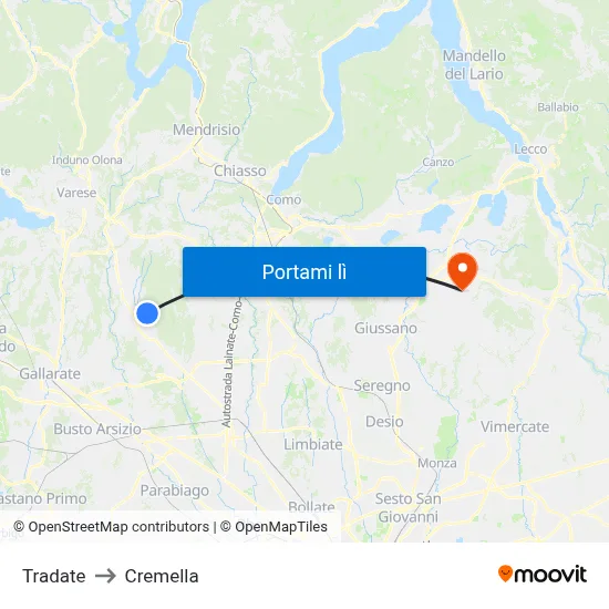 Tradate to Cremella map
