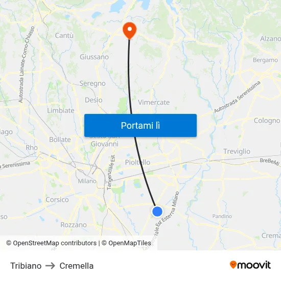 Tribiano to Cremella map