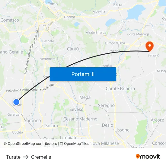 Turate to Cremella map