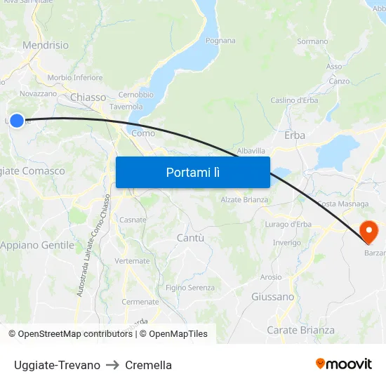 Uggiate-Trevano to Cremella map
