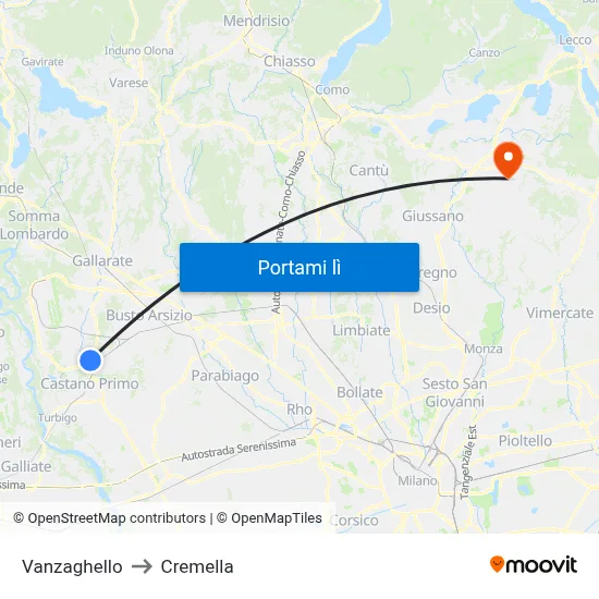 Vanzaghello to Cremella map