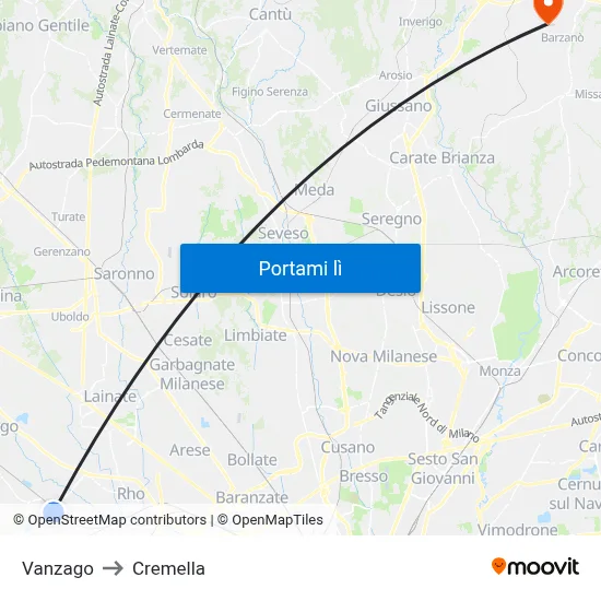 Vanzago to Cremella map