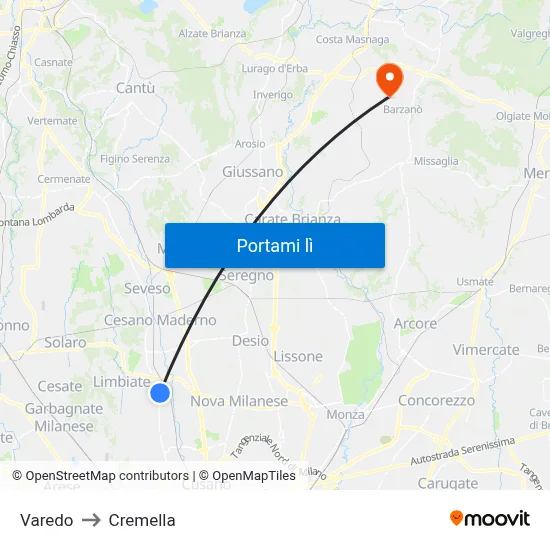 Varedo to Cremella map