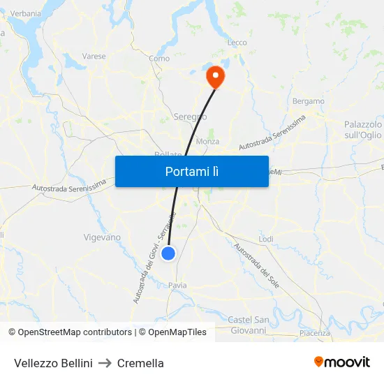 Vellezzo Bellini to Cremella map