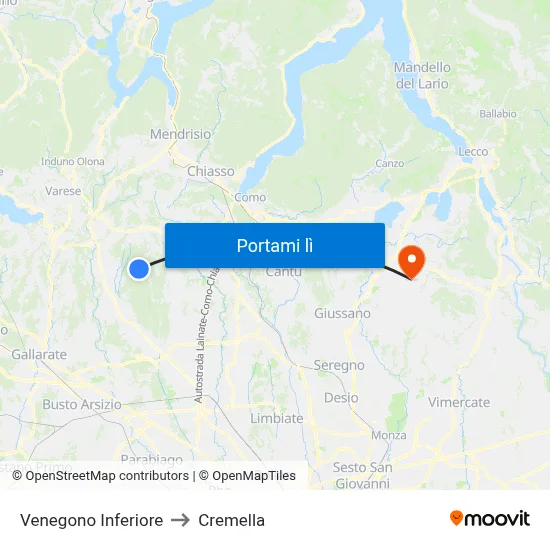 Venegono Inferiore to Cremella map