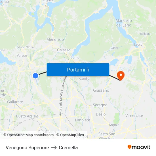 Venegono Superiore to Cremella map