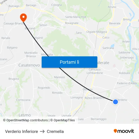 Verderio Inferiore to Cremella map